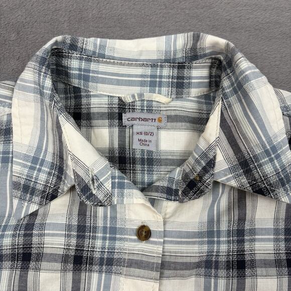 Carhartt Women’s Blue Plaid Button Up Shirt Size XS Double Pen Holder Pocket - Picture 3 of 10